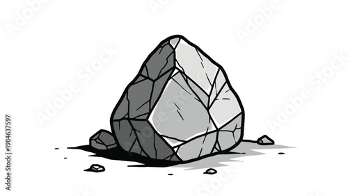 Solid grey rock with sharp edges and dark shadows sitting on a white ground with small pebbles scattered nearby.