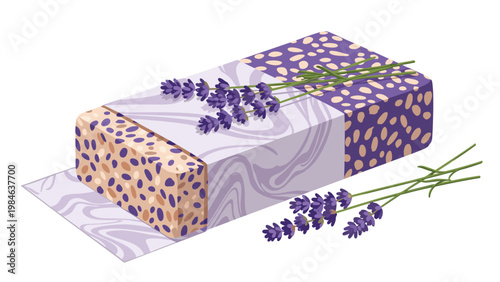 Artisanal handmade soap bar wrapped in decorative purple paper and topped with a bundle of fresh lavender flowers.