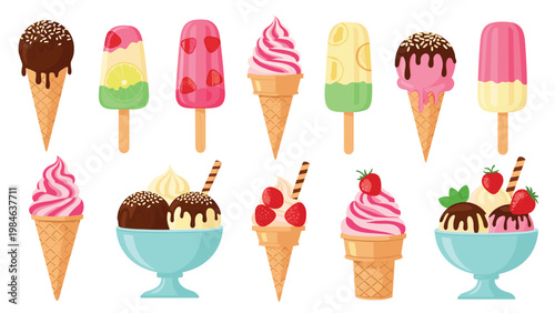 Various delicious ice cream treats including cones sticks and bowls with fruit chocolate and cream toppings.