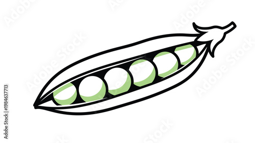 Fresh green pea pod half opened to reveal several healthy round peas inside a thick and simple black outline.