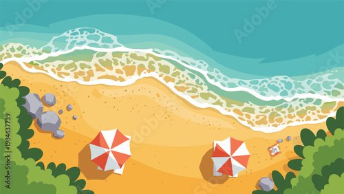Top down aerial view of a tropical sandy beach with turquoise ocean waves and two bright red and white umbrellas.