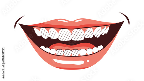 Close up of a wide smiling happy human mouth showing pink lips and bright white teeth with gums clearly visible.