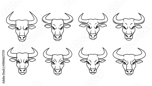 Collection of eight different bull and cow head line art illustrations featuring various horn shapes and aggressive facial expressions.