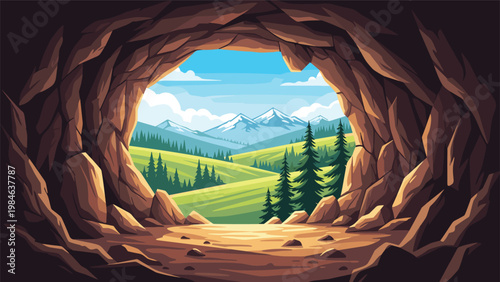 Stunning view of a lush green valley and snow capped mountains seen from the dark entrance of a large rocky cave.