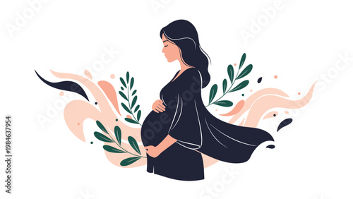 Artistic profile illustration of a pregnant woman wearing a long black flowing dress, surrounded by soft peach waves and botanical branches.