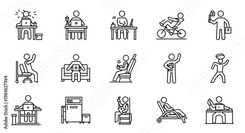 Collection of Simple Line Art Icons Depicting Various Human Activities and Poses.