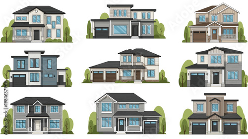 Set of nine modern suburban house illustrations with diverse architectural styles, gabled roofs, multiple windows, and manicured green lawns.