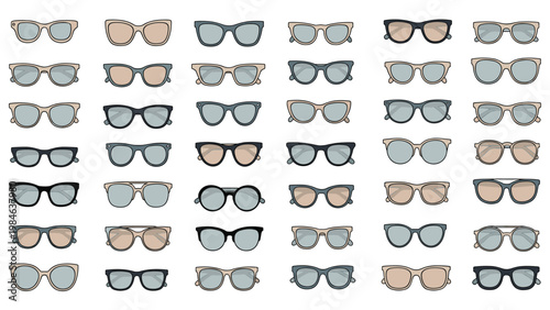 Extensive collection of forty-eight different pairs of sunglasses featuring various frame shapes, lens colors, and styles in a grid grid.
