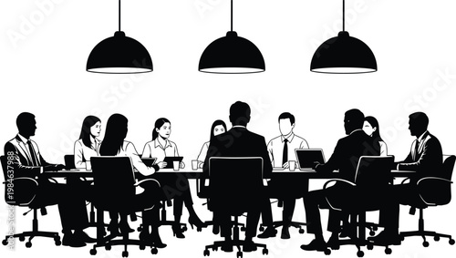 Vector silhouettes of business professionals sitting around a conference table during a formal board meeting with pendant lights representing corporate teamwork and leadership