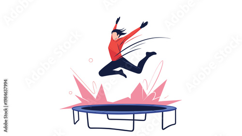 Action illustration of a person jumping high in the air above a blue trampoline, with pink dynamic shapes suggesting energy and motion.