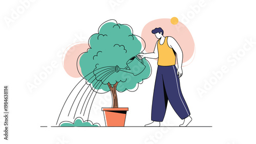 Illustration of a man in a yellow tank top and blue pants watering a leafy tree in a large terracotta pot against a soft pink backdrop.