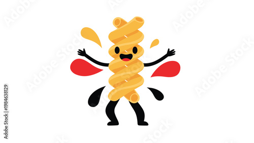 Cute cartoon character design of a spiral rotini pasta piece with thin black arms, legs, and a happy smiling face with colorful splashes.