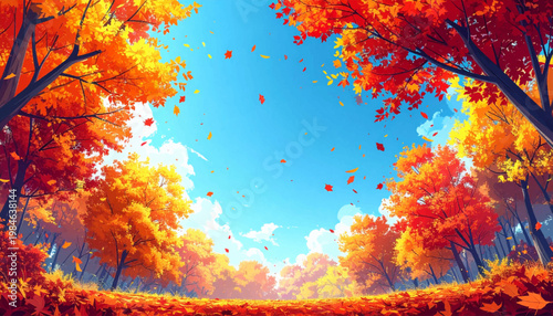 Sunlit autumn meadow bordered by maple trees and glowing leaves. Warm parkland vista featuring golden grass under open cobalt. Inviting landscape for holiday poster merchandising