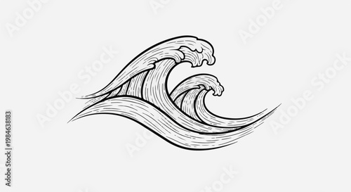 Stylized line art depicts two crashing waves on a plain white background