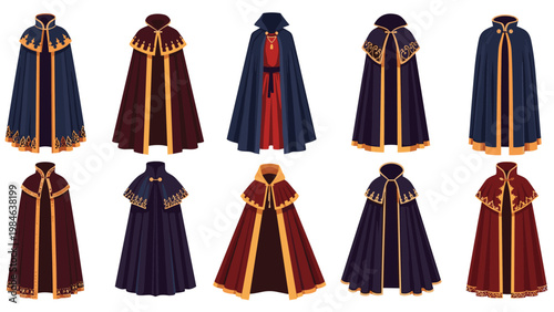 Set of ten ornate and majestic capes or cloaks in various colors like blue, maroon, and red, featuring gold trim and intricate patterns.