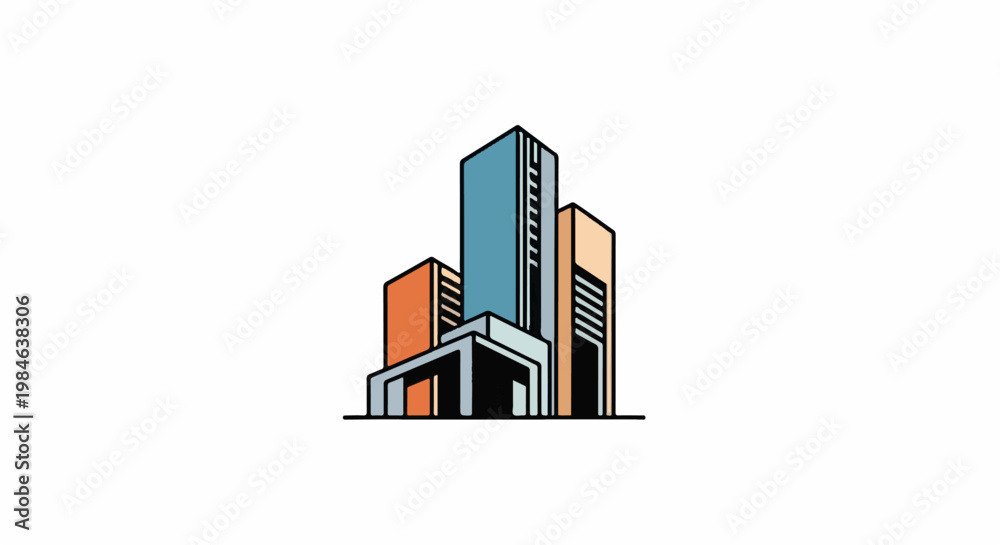 Fototapeta premium Stylized illustration of colorful, geometric skyscrapers against a white background