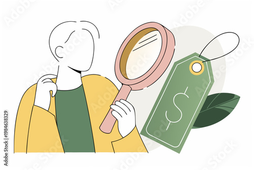 Man stands at a crossroad holding a piggy bank and a shopping bag, symbolizing a financial decision moment. Vector illustration