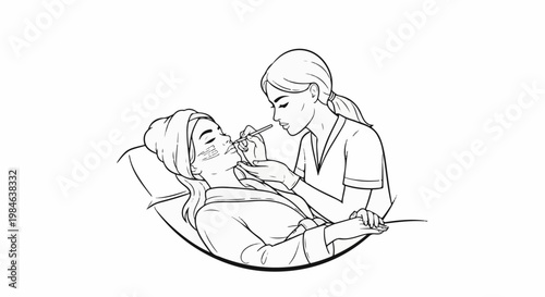 Stylized illustration of a beauty treatment session with a professional applying product