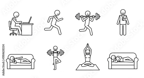 Set of Simple Line Art Icons Representing Human Activities.