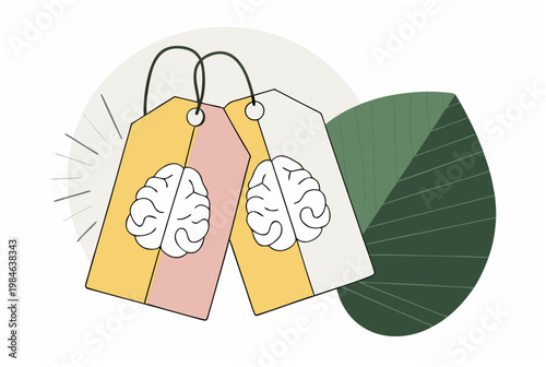 Two price tags with a brain icon, symbolizing smart choice and mindful spending concept. Financial literacy vector illustration for info graphic