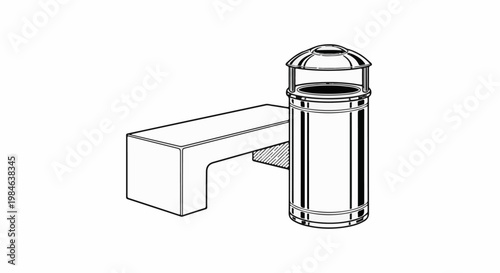 Stylized illustration of a bench and a cylindrical trash receptacle