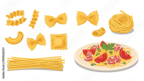 Selection of various pasta shapes like spaghetti, bowtie, and spiral alongside a prepared plate of pasta with meat and tomatoes on white.