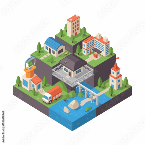Isometric city buildings and infrastructure illustration.