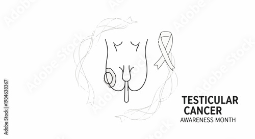 Stylized illustration of male anatomy with awareness ribbon and text