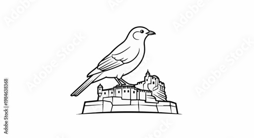 Stylized illustration of a bird perched atop a fortress