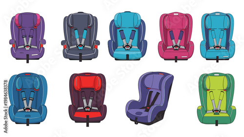 Set of ten colorful and modern car seats for babies and toddlers, shown in various colors like blue, pink, red, and purple on white.