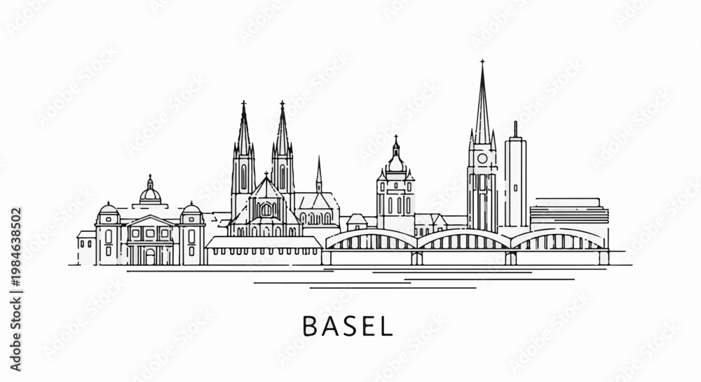 Naklejka premium Stylized ink drawing of a cityscape with prominent church spires and a bridge