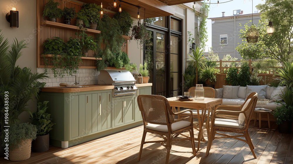 Fototapeta premium Outdoor Oasis: A beautifully designed outdoor kitchen and dining area exudes tranquility, perfect for entertaining or relaxing in a nature-inspired setting. 