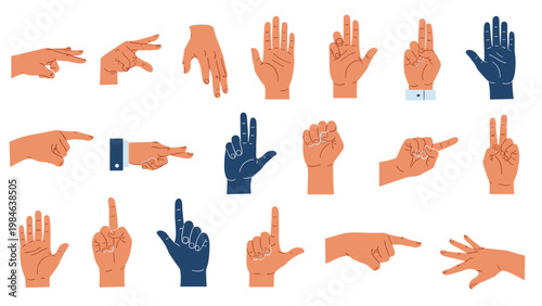 Comprehensive set of twenty-one human hand gestures and signs in various skin tones and blue colors, representing different meanings.