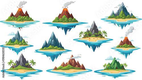 Collection of ten different floating islands with mountains, active volcanoes, tropical palms, and green hills suspended over blue water.