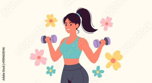 woman exercising with dumbbells at home.
