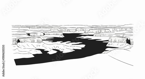 Stylized ink drawing of a vast canyon with a river cutting through