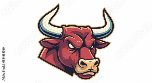 Stylized illustration of a fierce red bull's head with sharp horns