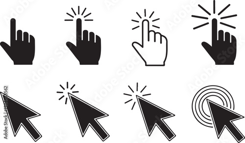 Cursor, hand, and pointer icons, computer mouse click symbols, web navigation graphics, black and white vector set