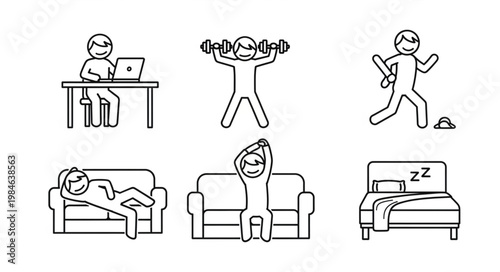 Diverse Human Activities Illustrated in Simple Line Art Style.