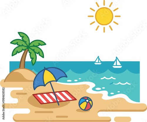 Colorful tropical beach illustration with palm tree, sun, ocean waves, sailboats, beach chair, umbrella, and ball creating a fun summer vacation scene.