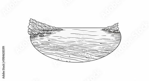 Stylized ink drawing shows a cross-section of a rocky coastline and seabed