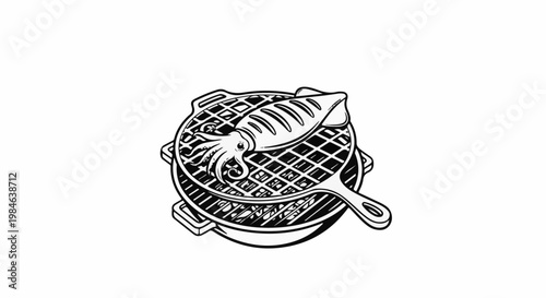 Stylized illustration of a grilled squid on a gridiron pan