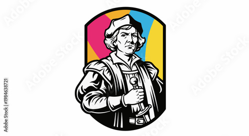 Stylized illustration of a historical figure in period attire holding a sword