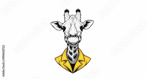 Stylized giraffe portrait with yellow jacket, black and white drawing