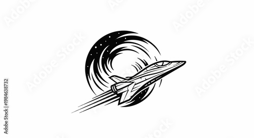 Stylized jet fighter streaks through a circular vortex of stars