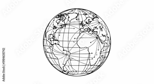 Stylized globe with interconnected lines showing global movement and travel routes