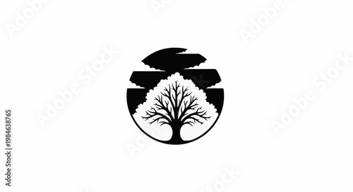 Stylized black tree silhouette inside a circular emblem