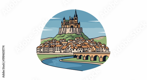 Stylized illustration of a medieval castle and town on a hill, with a river and bridge