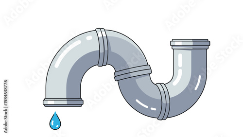 Metal u-trap plumbing pipe with blue water drop dripping from end illustrating leak and home maintenance repair needs.