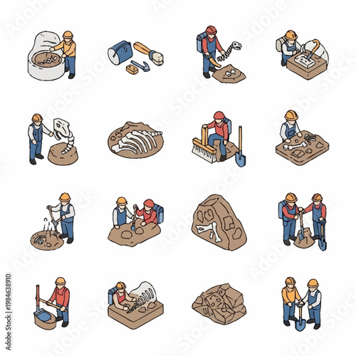 Archaeological Dig Site Illustrations Showing Excavation and Discovery.